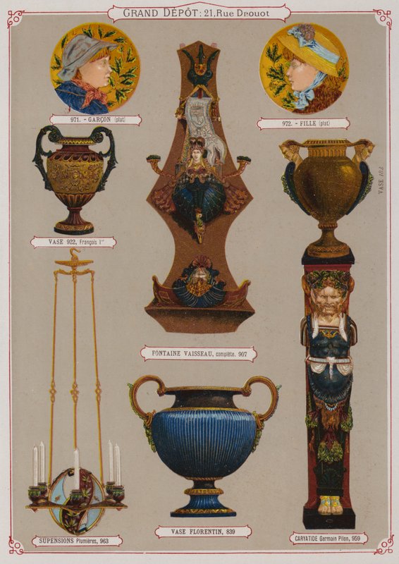 Sivu Grand Depot de Porcelaines, Faiences et Verreriesin luettelosta (värilitho) tekijältä French School