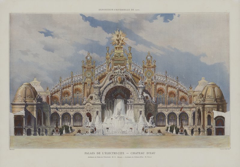 Sähkön palatsi ja Chateau of Water, Universal Exhibition 1900, Pariisi (väri litho) tekijältä French School