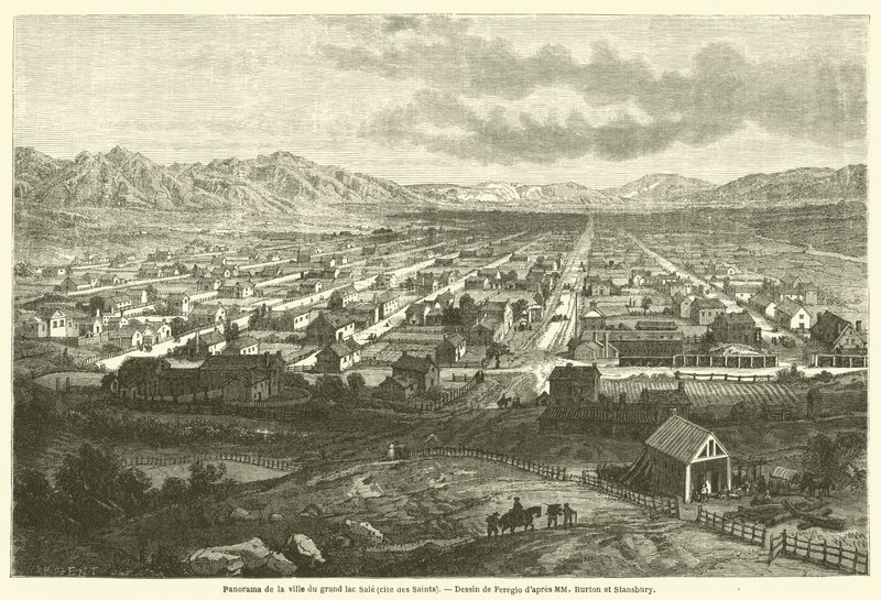 Panoraama suuren Sale-järven kaupungista (pyhien kaupunki) (kaiverrus) tekijältä French School