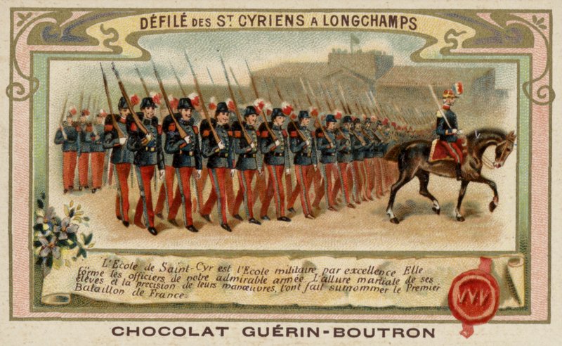 Saint-Cyrin sotakoulun kadettien paraati Longchampsissa, Ranskassa (chromolitho) tekijältä French School