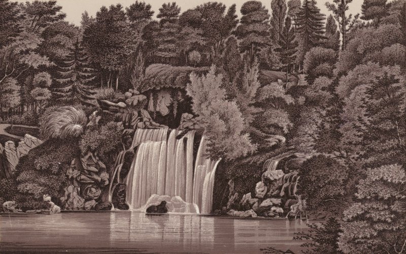Pariisi: Bois de Boulognen vesiputous (litho) tekijältä French School