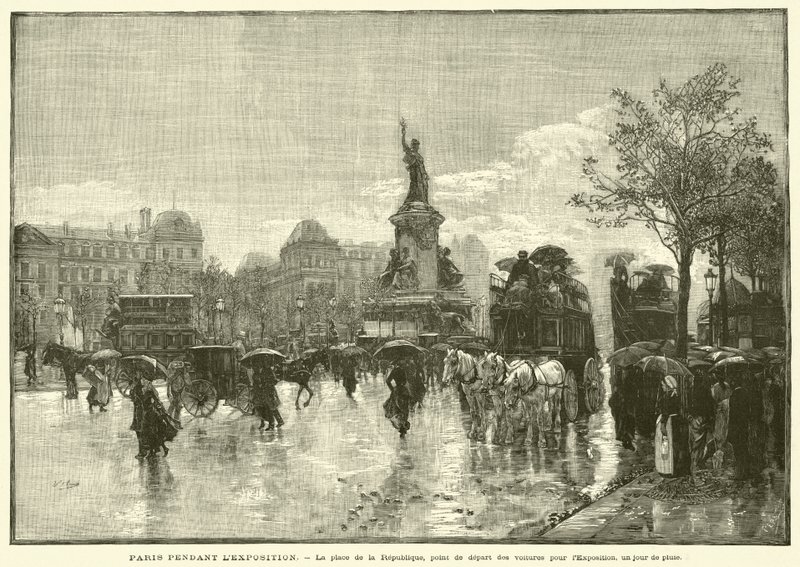 Pariisi näyttelyn aikana, Place de la Republique, näyttelyn autojen lähtöpaikka, sadepäivänä (kaiverrus) tekijältä French School