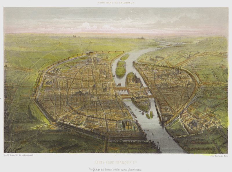 Paris Under Francois 1st, Yleisnäkymä lintuperspektiivistä vanhoista suunnitelmista ja piirustuksista (värilitho) tekijältä French School