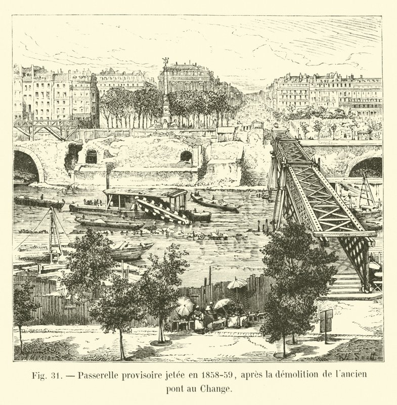 Väliaikainen kävelysilta heitettiin 1858-59 vanhan Pont au Changen purkamisen jälkeen tekijältä French School