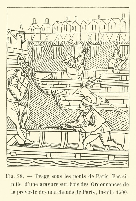 Peage sous les ponts de Paris, faksimile puukaiverruksesta Pariisin kauppiaiden prevosten määräyksistä, in-fol; 1500 tekijältä French School