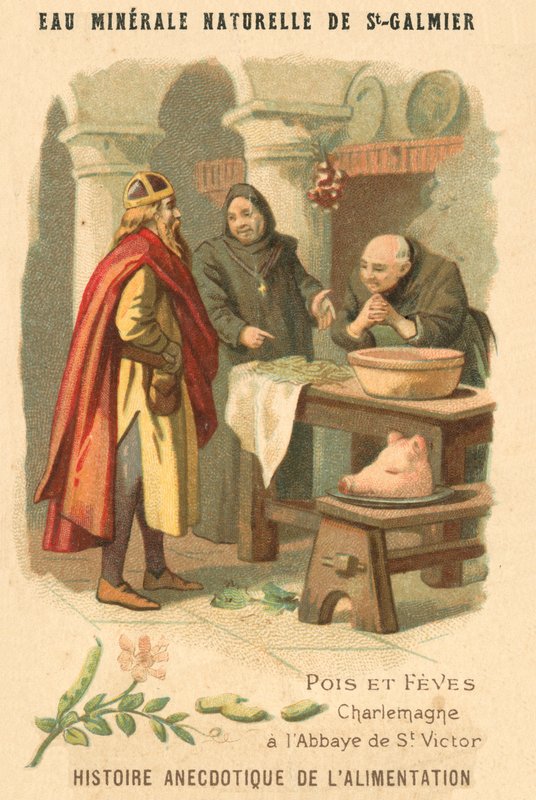 Herneet ja pavut: Kaarle Suuri St Victorin luostarissa (chromolitho) tekijältä French School