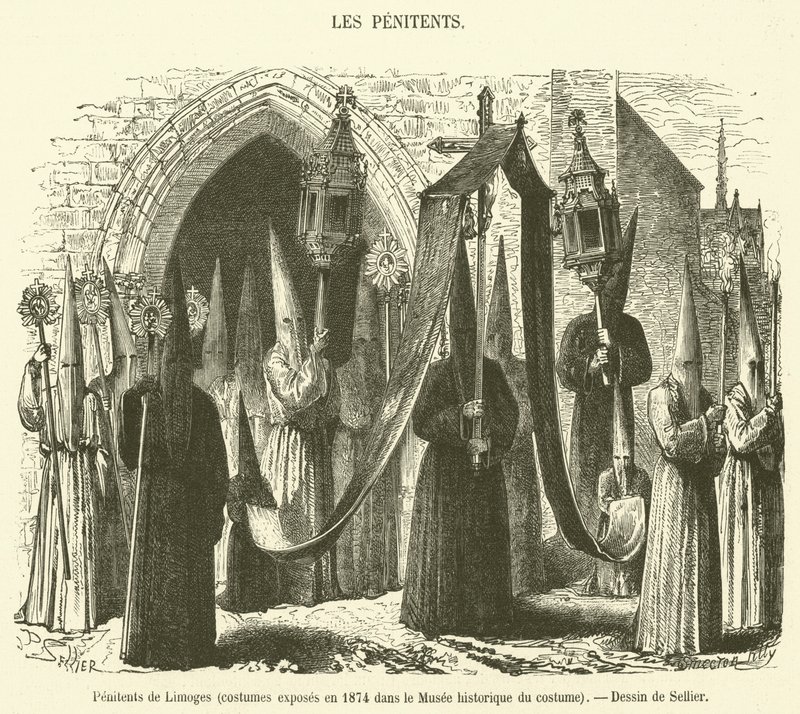 Limogesin katuja, puvut, jotka oli esillä vuonna 1874 Historiallisessa pukumuseossa (kaiverrus) tekijältä French School