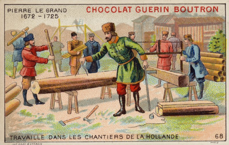 Pietari Suuri työskentelee Hollannin telakoilla (chromolitho) tekijältä French School