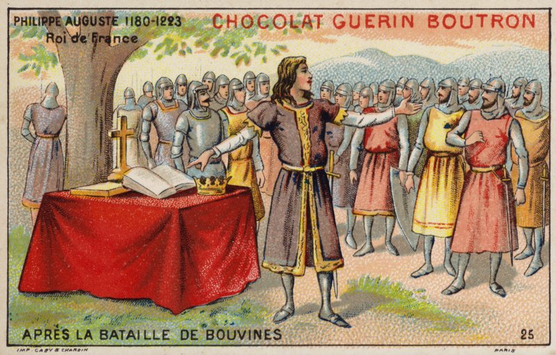 Philip Augustus, Ranskan kuningas, Bouvinesin taistelun jälkeen (chromolitho) tekijältä French School