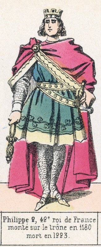 Philippe 2, 42. Ranskan kuningas, nousi valtaistuimelle vuonna 1180, kuoli vuonna 1223 (värillinen kaiverrus) tekijältä French School