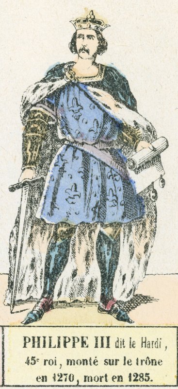 Philippe III dit le Bold, 45. kuningas, nousi valtaistuimelle vuonna 1270, kuoli vuonna 1285 (värinen kaiverrus) tekijältä French School
