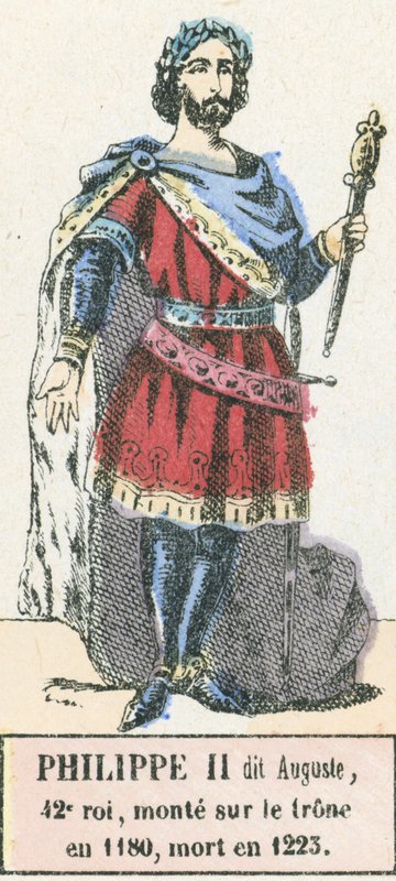 Philippe II dit Auguste, 42. kuningas, nousi valtaistuimelle vuonna 1180, kuoli vuonna 1223 (värillinen kaiverrus) tekijältä French School