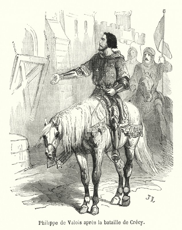 Philippe de Valois Crecyn taistelun jälkeen (kaiverrus) tekijältä French School