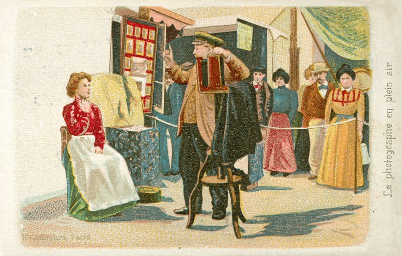 Valokuvaaja työskentelee ulkona (chromolitho) tekijältä French School