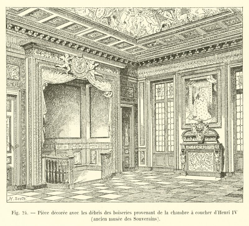 Huone on koristeltu Henri IV:n, entisen Sovereigns Museumin, makuuhuoneesta peräisin olevilla puutyöstöillä tekijältä French School