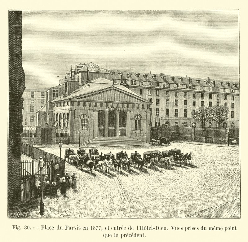 Place du Parvis vuonna 1877 ja sisäänkäynti Hôtel-Dieuhun, näkymät samasta pisteestä kuin edellinen tekijältä French School