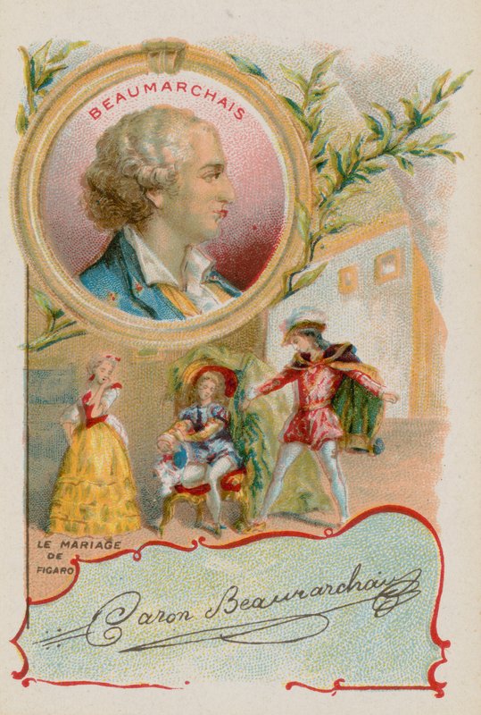 Näytelmäkirjailija Pierre-Augustin Caron de Beaumarchais kohtauksen kanssa Figaron häistä tekijältä French School