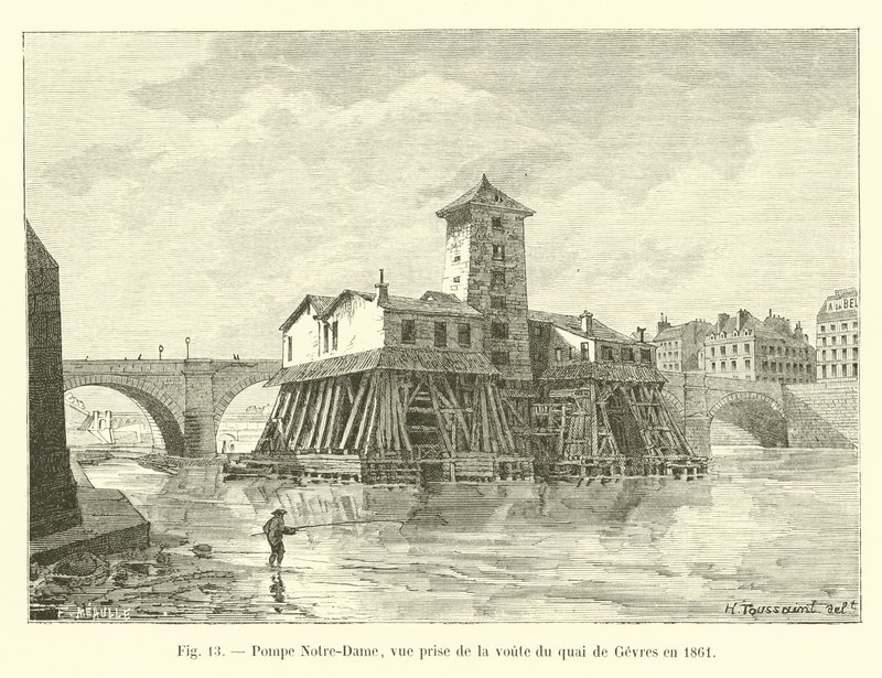 Notre-Damen pumppu, näkymä Quai de Gevresin holvilta vuonna 1861 tekijältä French School