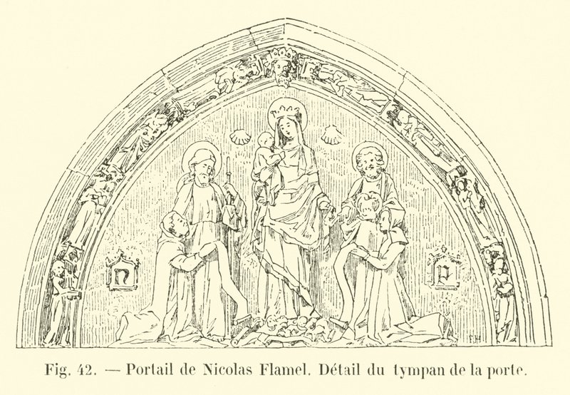 Nicolas Flamelin portaali, yksityiskohta oven tympanista tekijältä French School