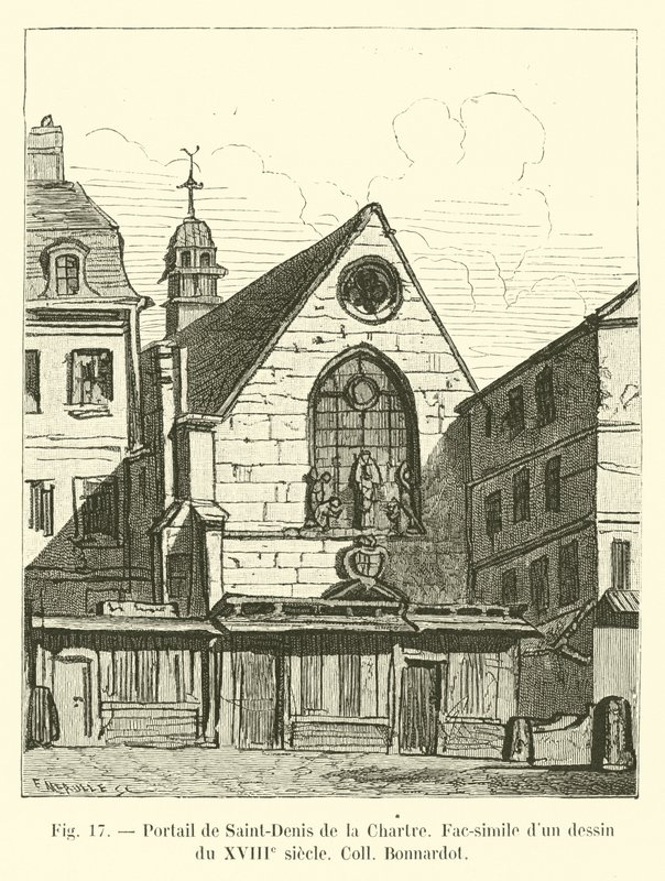 Saint-Denis de la Chartren portaali, faksimile 1700-luvun piirroksesta Coll Bonnardot tekijältä French School