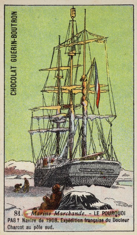 Pourquoi Pas, alus, jota käytettiin Jean-Baptiste Charcotin Ranskan etelänavan tutkimusmatkalla 1908-1910 (chromolitho) tekijältä French School
