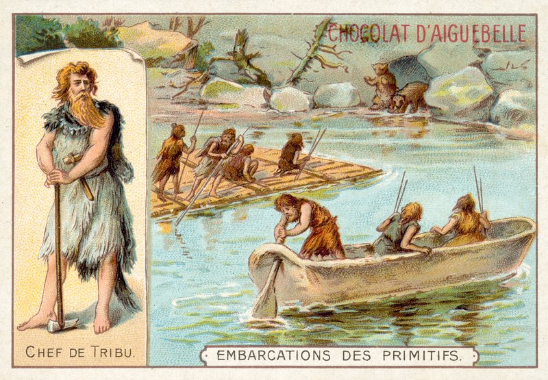 Esihistorialliset veneet (chromolitho) tekijältä French School