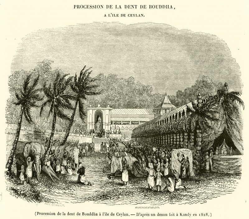Buddhan hampaan kulkue Ceylonin saarella (kaiverrus) tekijältä French School