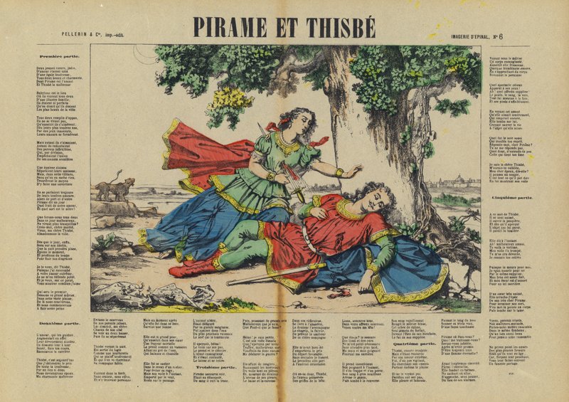 Pyramus ja Thisbe (värilitografia) tekijältä French School