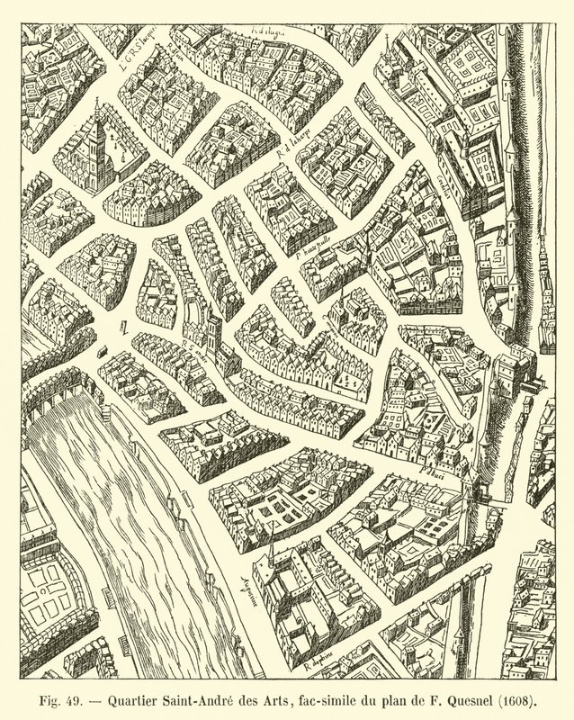 Saint-Andre des Artsin kaupunginosa, faksimile F Quesnelin suunnitelmasta, 1608 tekijältä French School