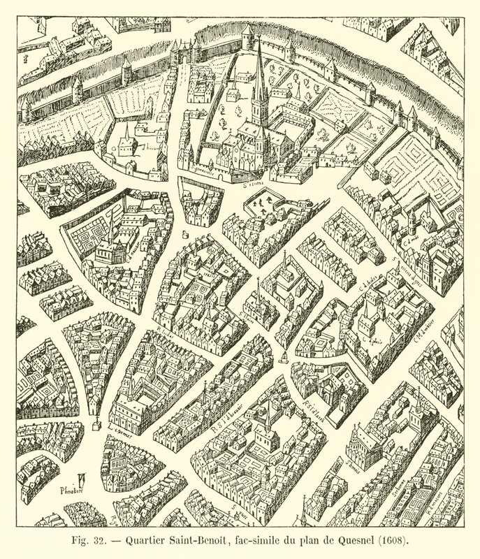 Saint-Benoitin alue, faksimile Quesnelin kartasta, 1608 tekijältä French School
