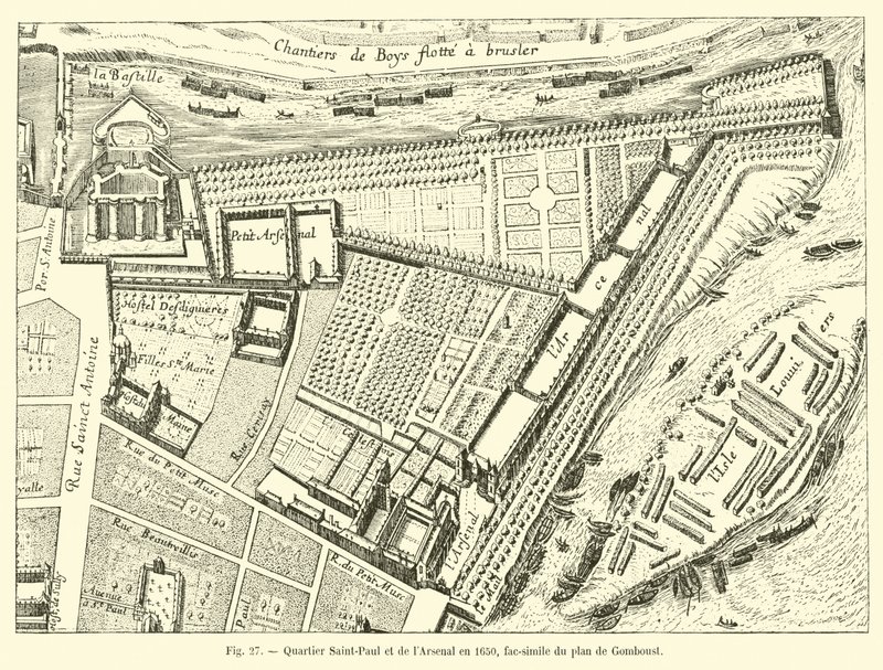 Saint-Paulin ja Arsenalin alue vuonna 1650, faksimile Gomboustin suunnitelmasta tekijältä French School