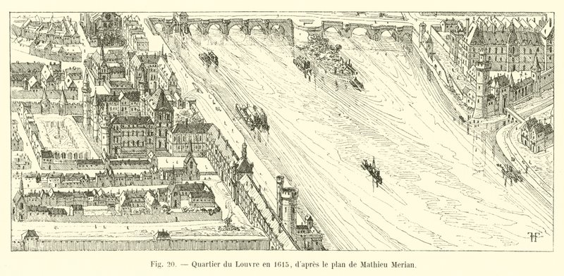 Louvren kaupunginosa vuonna 1615, Mathieu Merianin suunnitelman mukaan tekijältä French School