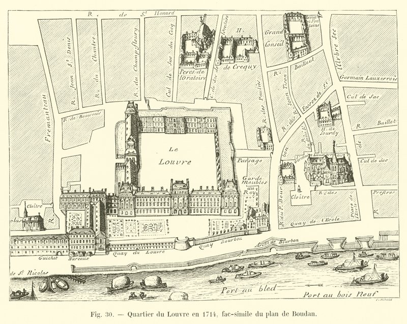 Louvren kaupunginosa vuonna 1714, faksimile Boudanin suunnitelmasta tekijältä French School