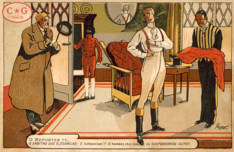 Toimittaja haastattelee pukeutuvaa herrasmiestä (chromolitho) tekijältä French School