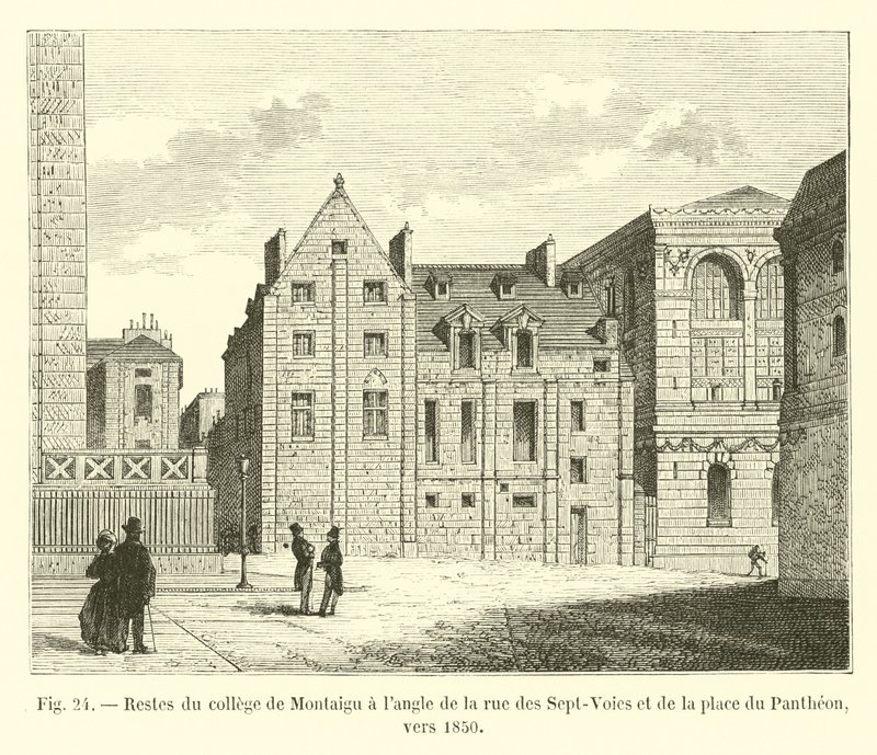 Montaigu-opiston jäänteet rue des Sept-Voiesin ja Place du Pantheonin kulmassa, noin 1850 tekijältä French School