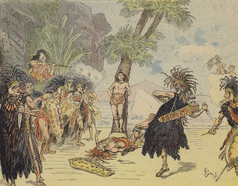 Robinson Crusoe tappaa kannibaalipäällikön ja pelastaa perjantain hengen (värilitho) tekijältä French School