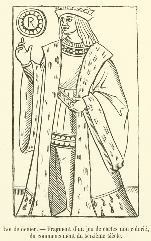 Pentacles kuningas, fragmentti värittömästä korttipakasta, 1500-luvun alusta (kaiverrus) tekijältä French School