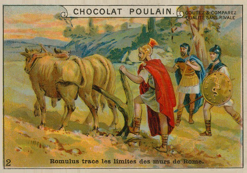 Romulus asettaa Rooman rajoja, Chocolat Poulain -kauppakortti tekijältä French School