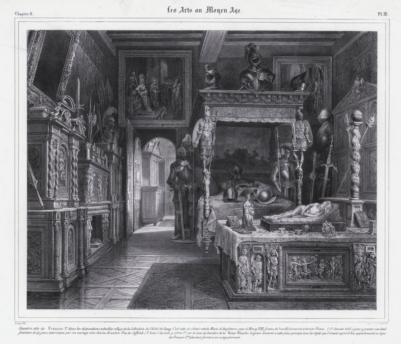 Huone Hotel de Clunyssa, Pariisissa, jossa Mary Tudor vietti suruaikansa vuonna 1515 miehensä, Ranskan kuninkaan Ludvig XII:n kuoleman jälkeen (litho) tekijältä French School