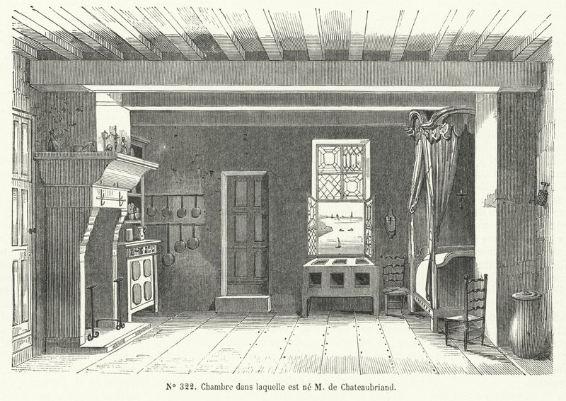 Huone Hotel de Francessa Bretagnen St Malossa, jossa ranskalainen kirjailija ja poliitikko Francois-Rene de Chateaubriand syntyi (kaiverrus) tekijältä French School