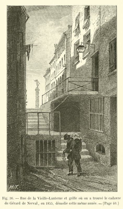 Rue de la Vieille-Lanterne ja portti, josta Gerard de Nervalin ruumis löydettiin vuonna 1855, purettiin samana vuonna tekijältä French School