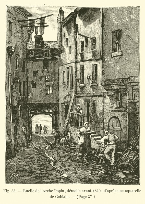 Ruelle de lArche Popin, purettu ennen vuotta 1840; Goblainin akvarellin jälkeen tekijältä French School