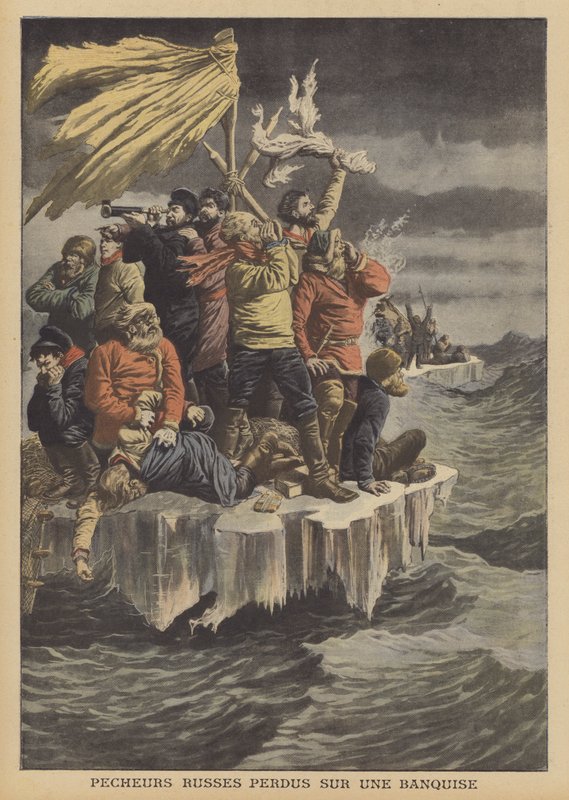 Venäläiset kalastajat ajelehtivat jäälautalla (väri litho) tekijältä French School
