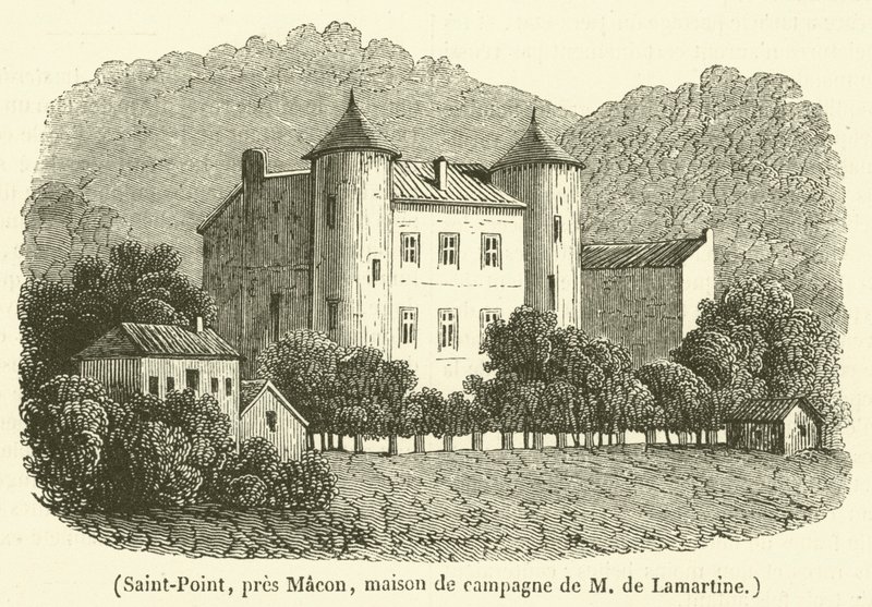 Saint-Point, lähellä Maconia, Madame de Lamartinen maalaistalo (kaiverrus) tekijältä French School