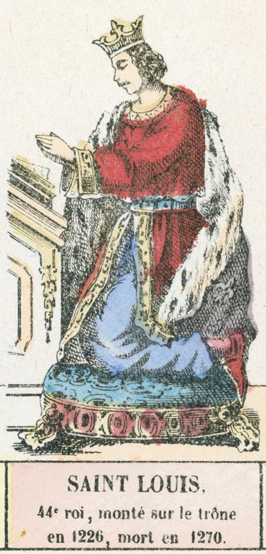 Saint Louis, 44. kuningas, nousi valtaistuimelle vuonna 1226, kuoli vuonna 1270 (värillinen kaiverrus) tekijältä French School