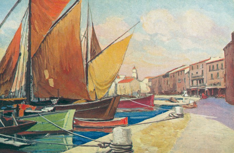 Saint Tropez: Purjevene satamassa (värilitografia) tekijältä French School