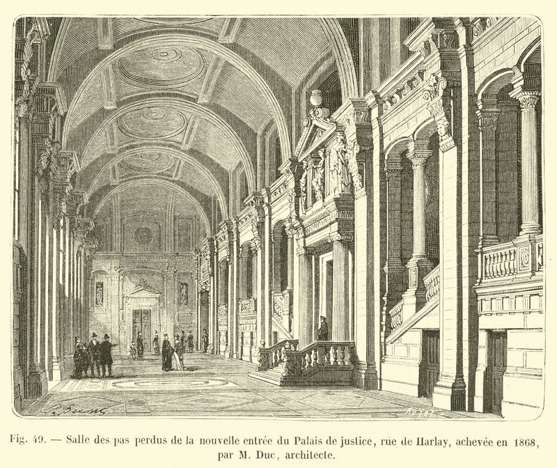 Salle des pas perdus Palais de Justice -rakennuksen uudella sisäänkäynnillä, rue de Harlay, valmistui vuonna 1868, suunnitteli arkkitehti M Duc tekijältä French School