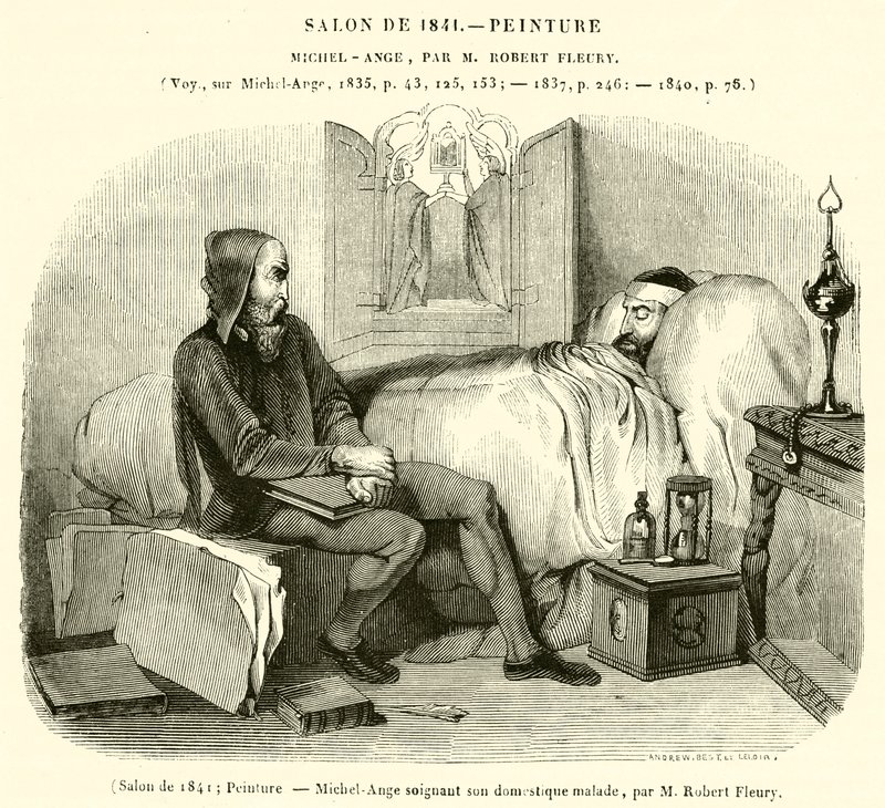 Salonki vuodelta 1841, maalaus, Michelangelo hoitamassa sairasta palvelijaansa (kaiverrus) tekijältä French School