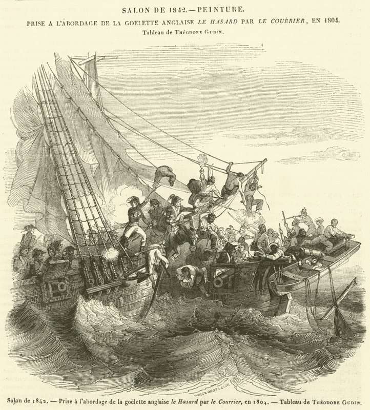 Salonki vuodelta 1842, Courier otti englantilaiseen kuunariin Le Hasard, vuonna 1804 (kaiverrus) tekijältä French School