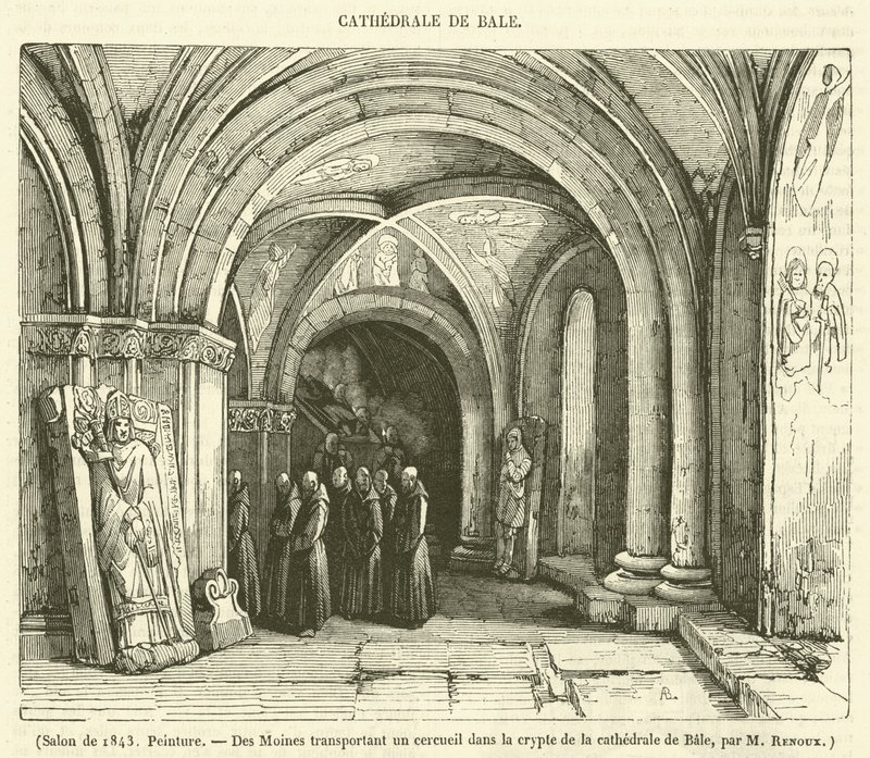 Salon 1843, maalaus, Des Moines transportant un cercueil dans la crypte de la cathedrale de Bale (kaiverrus) (kaiverrus) tekijältä French School